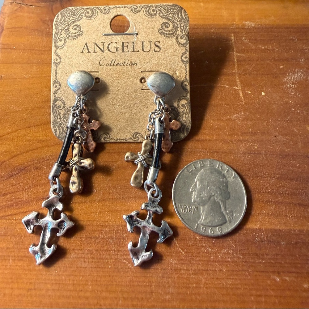 Angelus Collection Multi-media Hammered Cross Dangle Earrings NEW - Picture 3 of 5